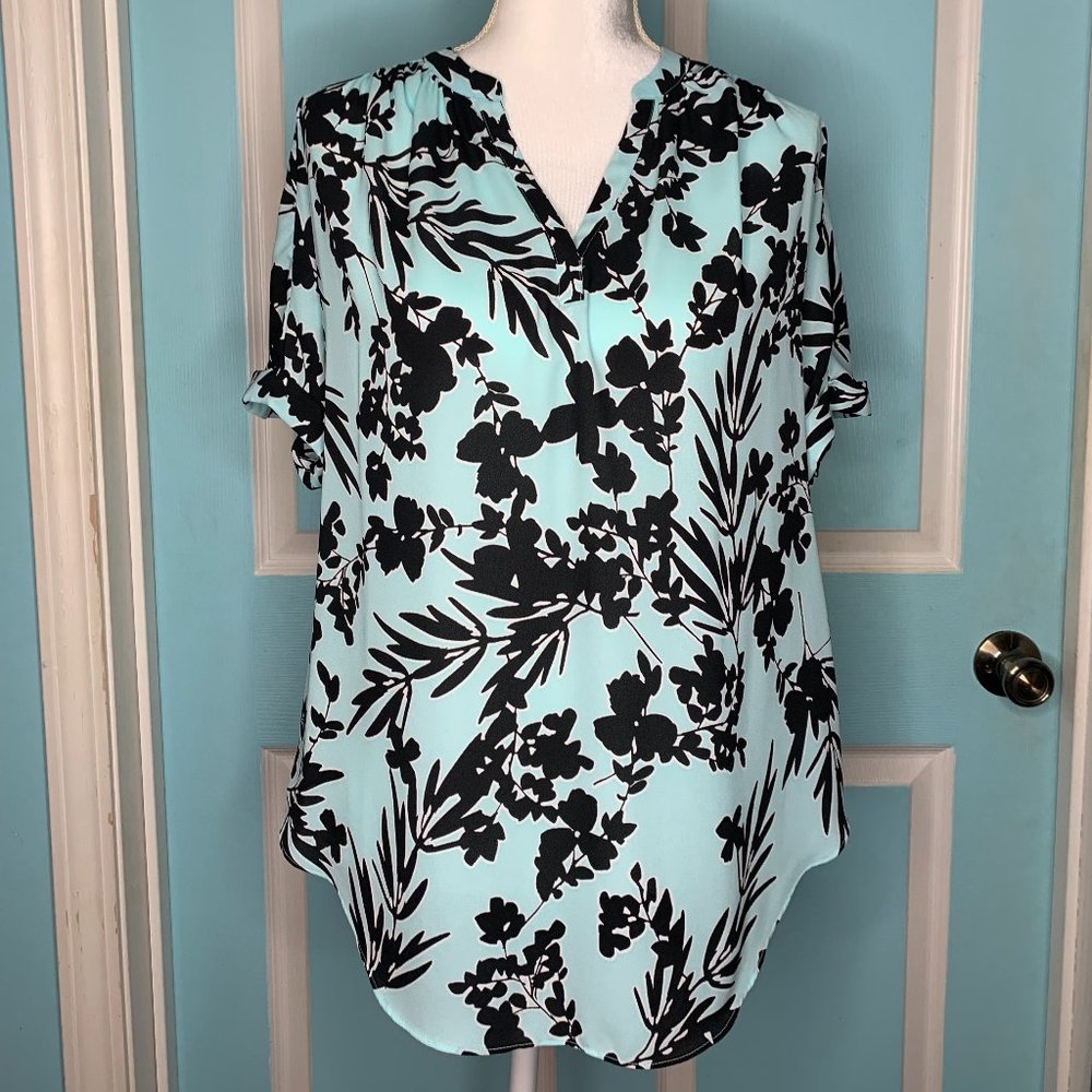 Worthington V-Neck Blue & Black Floral Sheer Blouse - XS